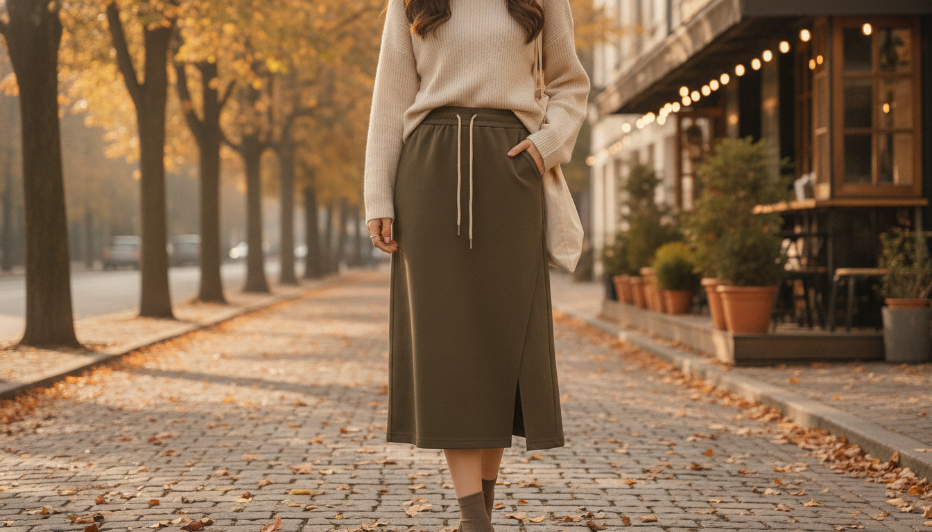 Straight Cotton-Blend Skirt: Drawstring Waist & Slit Hem